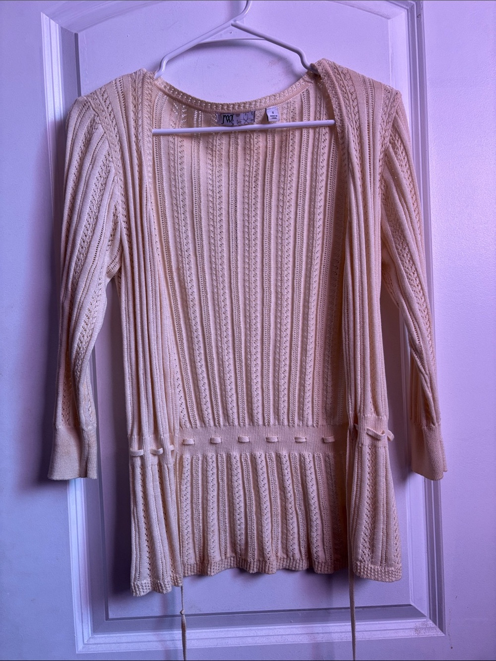 Light Cream Open-Front Knit Cardigan with Waist Tie